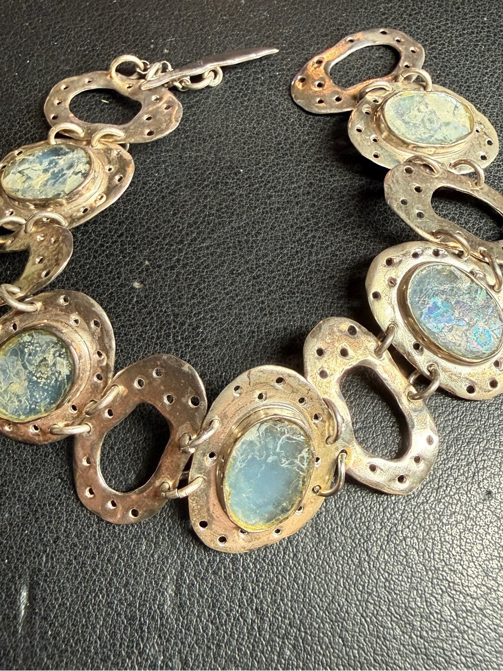 80s Luli Hammerztein Sterling Silver Roman Glass Bracelet Handmade Size 7 1/4"